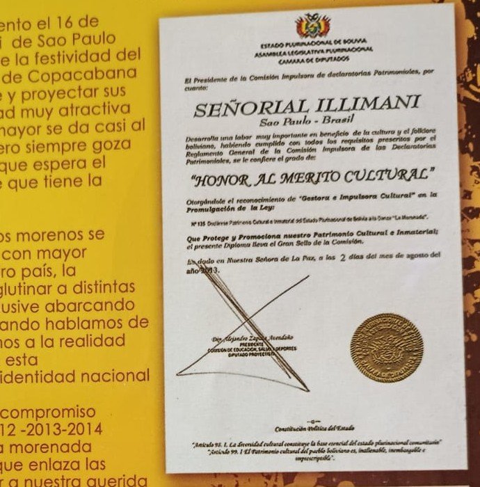 Reconocimiento Honor al Mérito Cultural Señorial Illimani